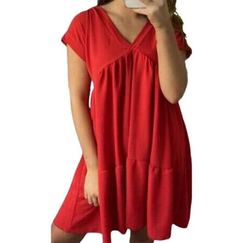 Elegant Women Mini Dress Maxi Solid Color V Neck Short Sleeve Ruffles Flare Sundress Plus Size Summer Dresses