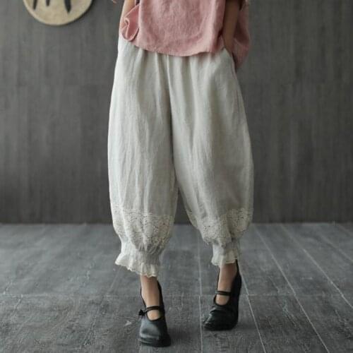 Johnature Retro Patchwork Lace Elastic Waist Harem Pants 2021 Summer New Cotton Linen 4 Color All-match Women Calf-length Pants