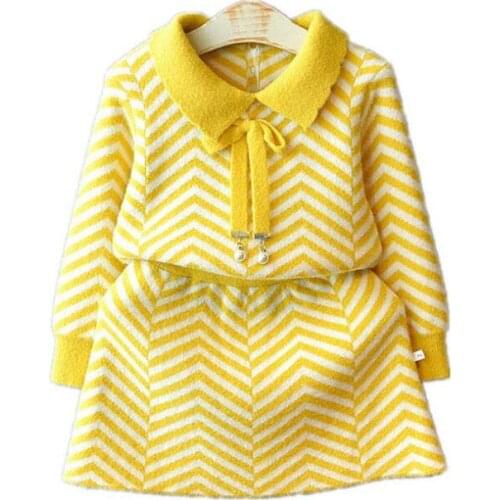 Girls Clothing Sets Fall Winter Kids Long Sleeve Striped Knitted Sweater Top+Skirt Princess Party Outfit 2-7Yrs Toddler Clothes