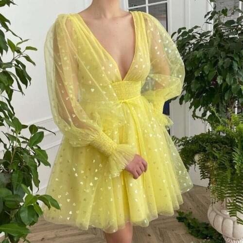 Yellow Prom Dresses 2021 A-Line V Neck Short Party Gowns Long Sleeves Robes de Cocktail Dress for Teens Graduation Gown