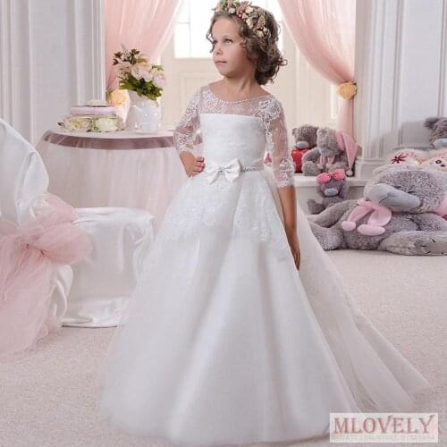 Cute White Princess Child Wedding Gowns 3/4 Sleeved Flower Girls Dress with Bows Aged 2-14 Years