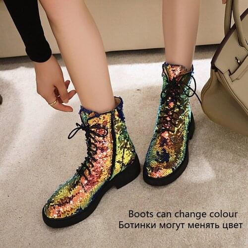 Fashion Spring Winter Women Low Heel Ankle Boots Ladies Platform Shoes Girls Round Toes Martin Boots Black Green Gold Silver