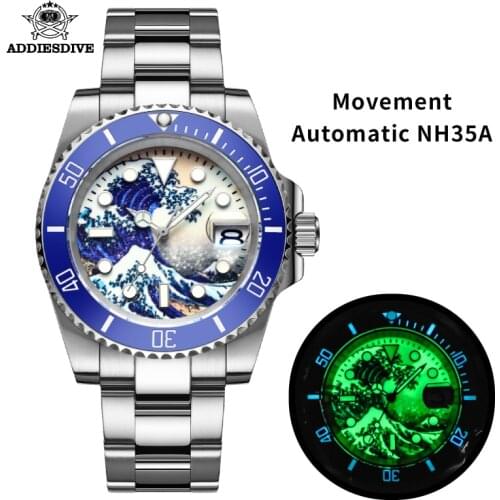 Addies Dive diver 3D Printing C3 Full Luminous Surfing Dial stainless steel Sapphire Ceramic bezel 20 Bar Mens Automatic Watch