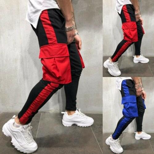 Mens Running Pants Pocket Fitness Bottoms Comfort Gym Cargo Pant Elasticat String Long Patchwork Cotton Bandage Loose Hot 2019