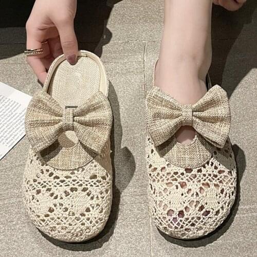 MODX Hollow out mules New summer 2021 Flat bottom Womens shoes with half drag Color matching linen woven lazy slippers