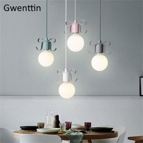 Nordic Bow-knot LED Pendant Light Fixtures Modern Hanging Lamp for Childrens Room Bedroom Home Loft Decor Suspension Luminaire