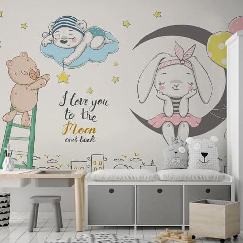 Custom Wallpaper 3D Cartoon Moon Stars Rabbit Animal Mural Kids Room Boys Girls Bedroom Background Decoration Photo Wall Paper