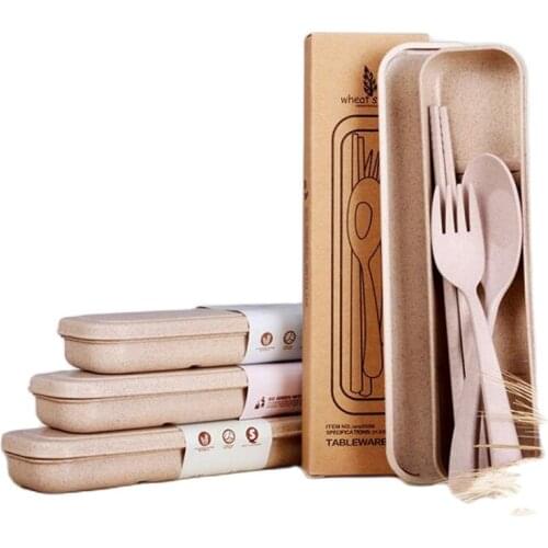 Portable Wheat Straw Dinnerware Set Eco-Friendly Plastic Handle For Children School Picnic Cutlery Traveling Tableware Set