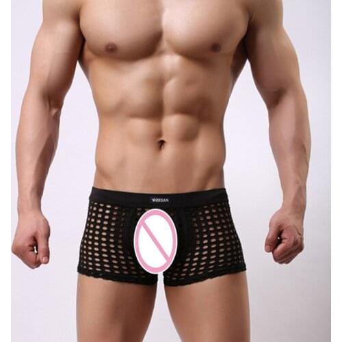Sexy Novelty Grid Fishnet Man Sexy Bulge Penis Pouch Funny Boxers Underwear Gay Male See Through Shorts Panties Size S M L