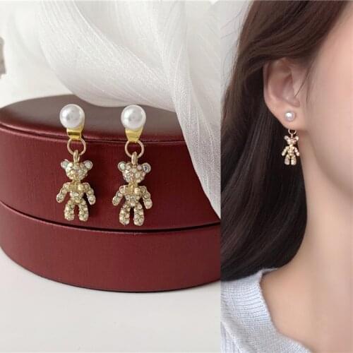 Funny Cute Pearl Rhinestone Animal Bear Drop Pendent Earrings for Women Girls Ear Jewelry Accessory Gift 2021 Trend New Arrival