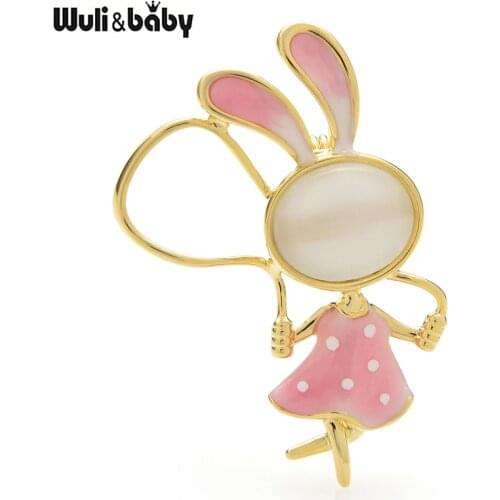 Wuli&baby Skipping Rope Rabbit Brooches For Women Unisex Lovely Opal Enamel Doing Sports Animal Casual Office Brooch Pins Gifts