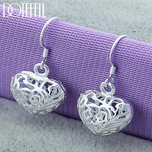 DOTEFFIL 925 Sterling Silver Hollow Heart Drop Earrings For Woman Wedding Engagement Fashion Party Charm Jewelry