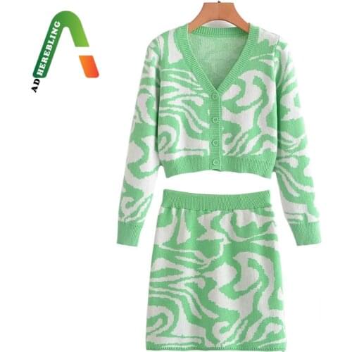 Adherebling Za Woman 2021 Casual Traf Sweater Suit Autumn Zebra Stripes Green 2 Piece Sets Cropped Knit Cardigan + Mini Skirts
