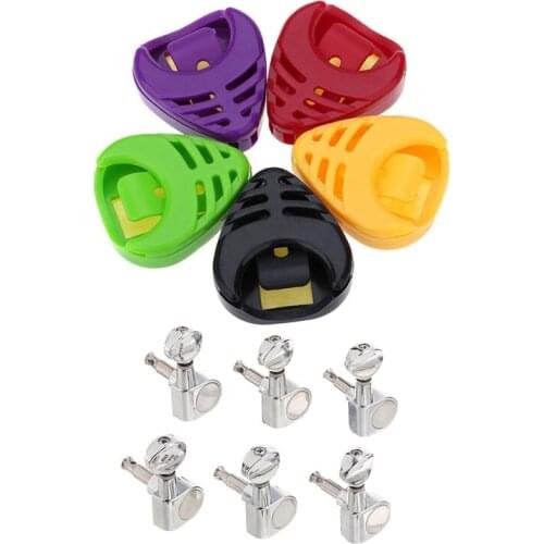 11 Pcs Parts: 5 Pcs Heart-Shaped Guitar Pick Plectrum Holder Cases & 6 Pcs 6R Guitar Tuning Pegs Tuners Machine Heads