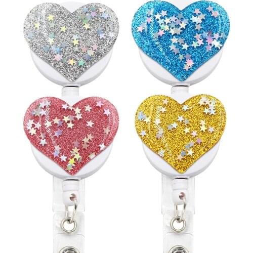 4pcs Lot Bling Heart Retractable Badge Clip Pull ID Card 3D Badge Holder For Nurse Student Hospital Office Card Holders