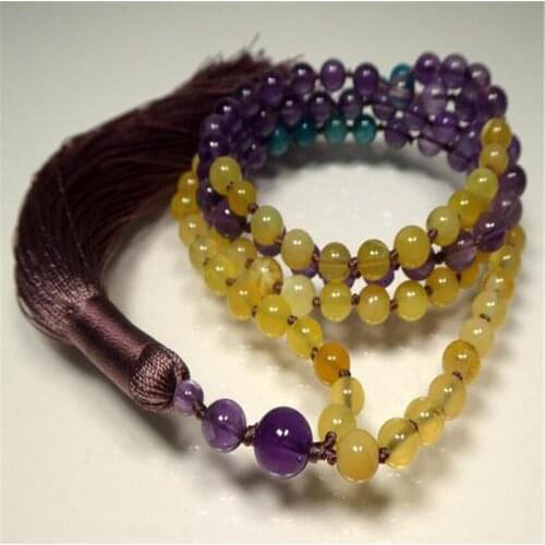 6mm Natural Amethyst Gemstone 108 Beads Tassels Mala Necklace Handmade Cuff Healing Elegant Lucky Colorful Reiki Chic Wristband