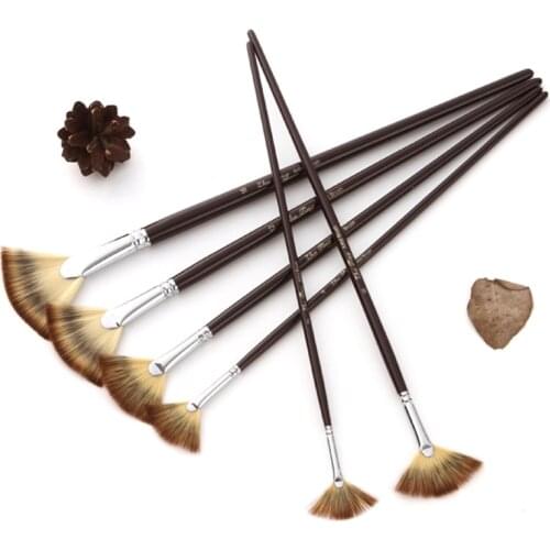 6pcs/set Nylon Hair Wooden Handle Fan Shape Watercolor Paint Brush Pen DIY Oil Acrylic Painting Art Paint Brushes