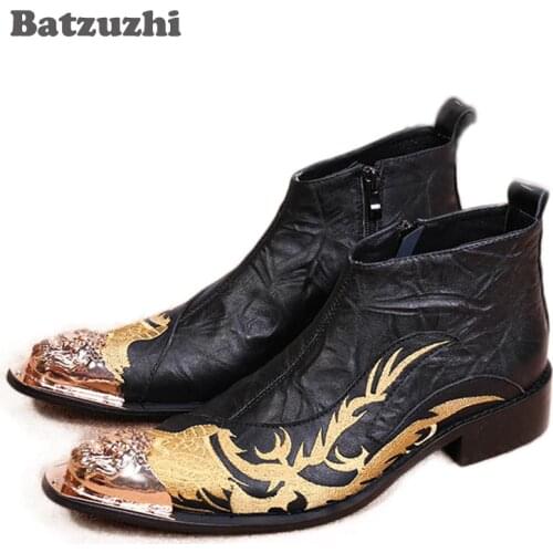 Batzuzhi Designers Mens Leather Boots Ankle Black Genuine Leather Mens Dress Boots Shoes Western Coyboy Fashion Gold Iron Toe
