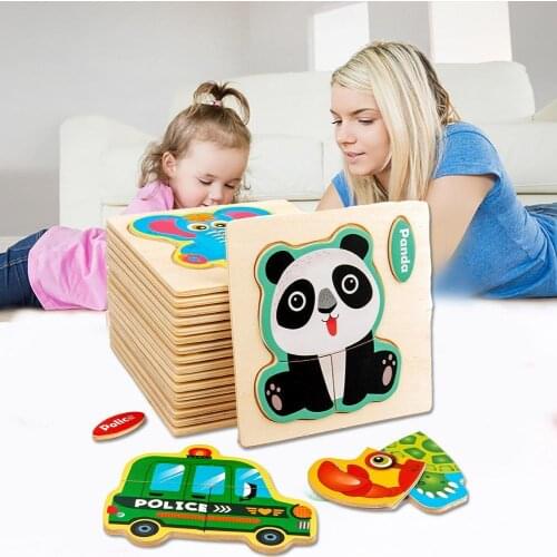 3D Wooden Puzzle Jigsaw Toys For Children Wood 3d Cartoon Animal Puzzles Intelligence Kids Early Educational Toys For Children