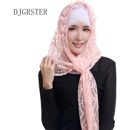 DJGRSTER women maxi hijabs shawls oversize islamic head wraps soft long muslim lace flower cotton plain hijab scarf Underscarf