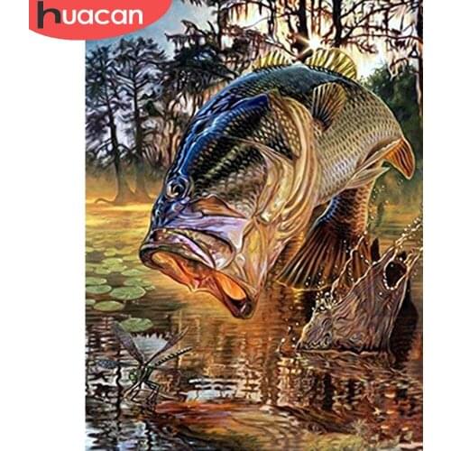 HUACAN 5d Diy Diamond Painting Fish Home Decor Embroidery Mosaic River Animal Natural Diamond Art