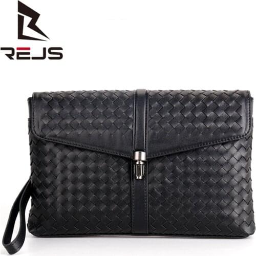 REJS LANGT Cowhide Woven Mens Clutch Business Anti-Theft Flap Purse Genuine Leather Waxing Luxury Clutchs Fashion Wallet
