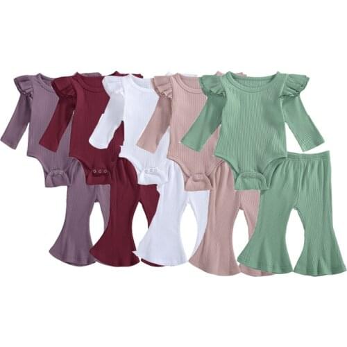 Infant Baby Girls 2PCS Romper Solid Ruffle Long Sleeve Round Neck Button Closure Romper, Elastic Band Bell-Bottom Long Pants Set