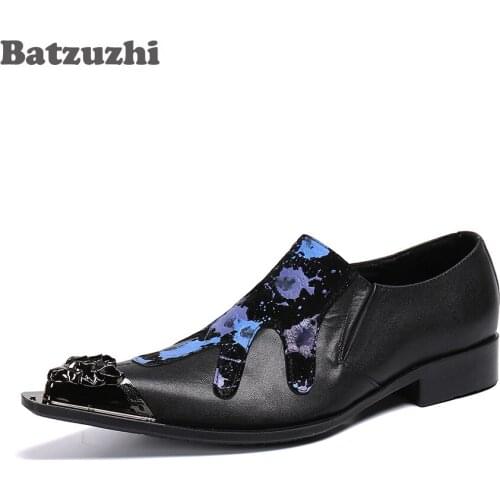 Batzuzhi Black Genuine Leather Dress Shoes for Men Western Fashion Men Shoes Metal Cap Toe Slip on Formal Business chaussure hom