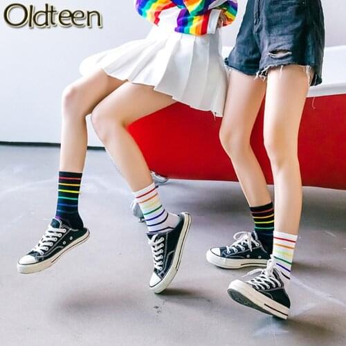 New Striped Crew Colorful Women Socks Winter Soft Warm Female Leisure Rainbow Socks Ladies School Trend Street Skateboard Socks