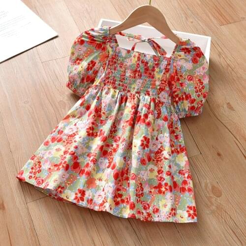 Summer New Girls Dress Western Style Short-sleeved Princess Dress Children Korean Floral Vest Skirt Kids