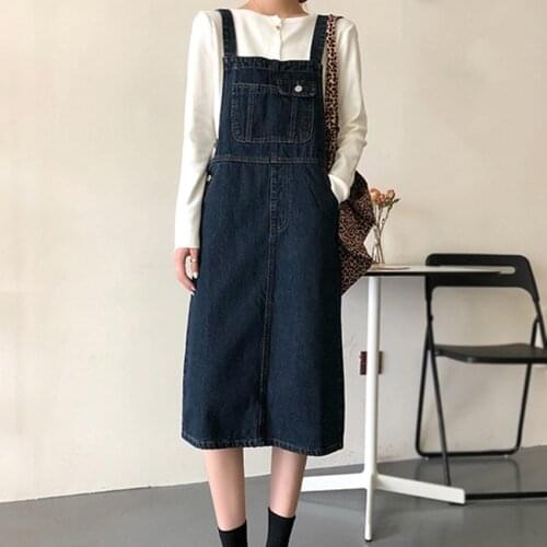 New Korean Fashion Denim Sundress Preppy Style Vintage Midi Jeans Dress Women Suspenders Dresses Female Overalls