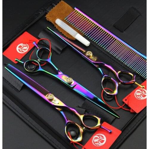 Rainbow 7.0INCH Professional Premium Sharp Edge Dog PET GROOMING SCISSORS SHEARS Cutting+Curved+Thinning scissors+Steel comb