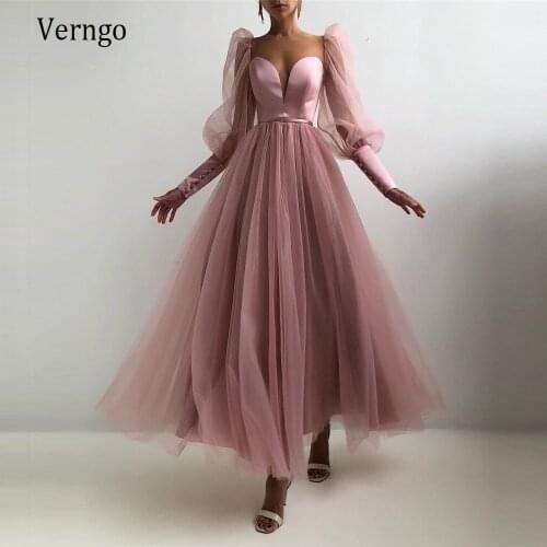 Verngo 2021 Dusty Pink/White Tulle A Line Prom Dresses Puff Long Sleeves Buttons Sweetheart Ankle Length Formal Party Gowns