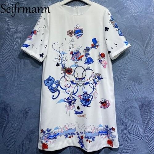 Seifrmann New 2021 Summer Women Fashion Designer Party Mini Dress Short Sleeve Gorgeous Crystal Printed Ladies A-Line Dresses