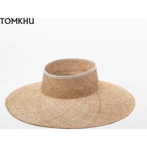 Summer Fashion Custom Natural Treasure Empty Top Straw Hats For Women Handmade Wide Brim Beach Hat Outdoor Travel Sun Hat Visor