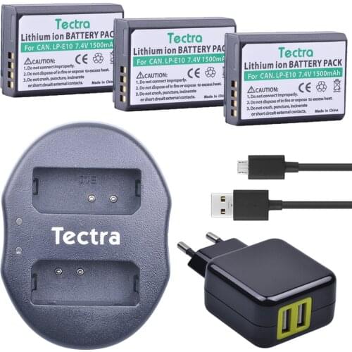 Tectra 3pcs LP-E10 LPE10 LP E10 Bateria + USB Dual Charger with AC Adapter for Canon 1100D 1200D Kiss X50 X70 Rebel T3 T5