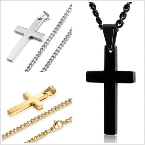 High Quality Popular Silver Color Gold Black Stainless Steel Crucifix Cross Pendant Mens Boys Necklace Free Curb Chain 24"*3mm