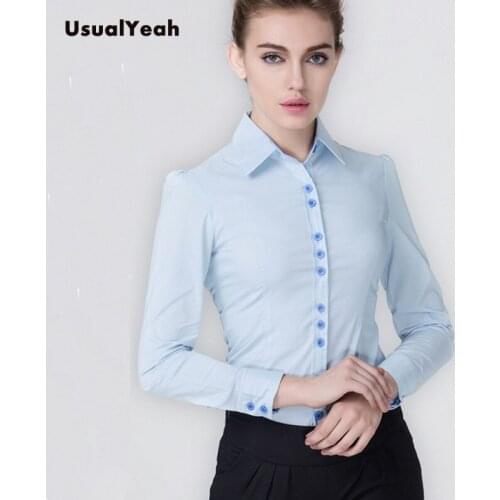 New Lady fashion long sleeve solid OL button shirt turn down collar patchwork body blouse shirts women SY0175 white blue