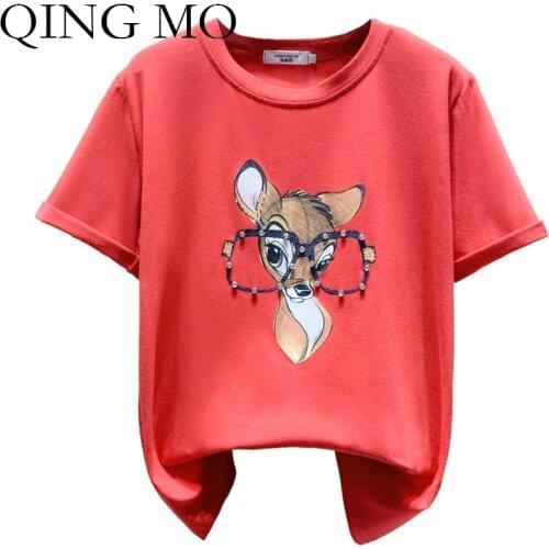 QING MO Plus Size Women Animal T Shirt With Rhinestone 2020 Summer Women Lovely T Shirt Black White Red Green ZQY3787