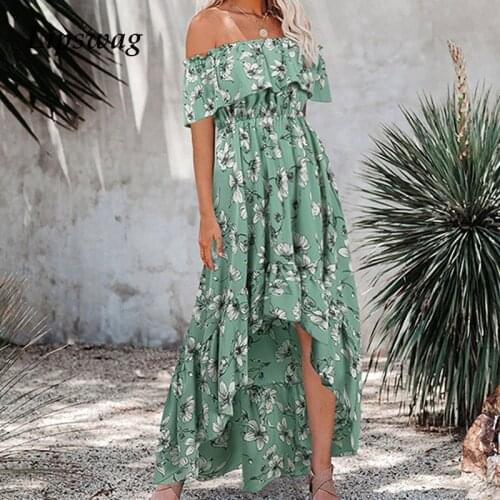 Women Chic Sexy Off Shoulder Ruffle Long Dress Elegant Floral Print Irregular Beach Dress 2021 Summer Short Sleeve Party Dresses