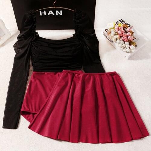 Women Long Sleeve One Piece Swimwear Bandage Bathing Suit Swimming Beachwear Monokini Swimsuit Patchwork Bodysuit with Skirt