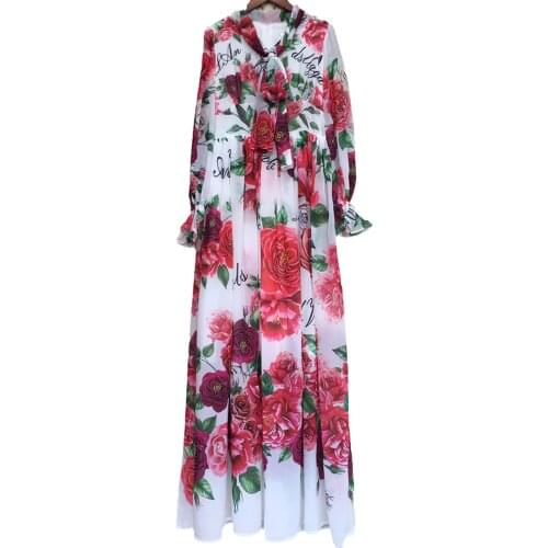 Large rose printing silk Full Floor-Length High Quality Long sleeve Flowers Elegant maxi long dress Seaside holiday party dress