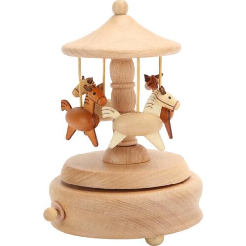 Wooden Horse Roundabout Carousel Rotating Musical Box Wood Crafts Birthday Gift Home Decor
