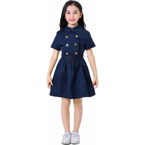 BRAND Gilr Dress Child Double Breasted Vestido Children Princess Short Sleeved with Belt Cotton Dress England High Quality