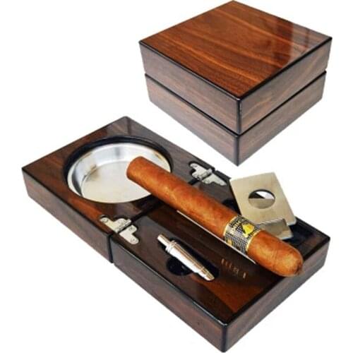 Walnut folding MDF stainless steel cigar special ashtray, Cigar cutter puncher, Cigar Support 120*120*69mm