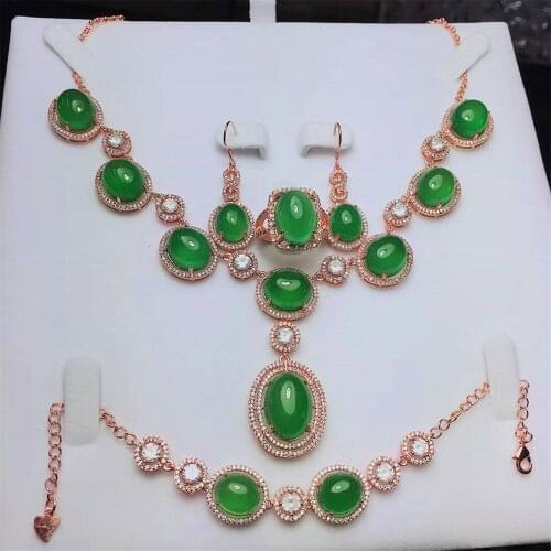 Koraba 4pcs 925 Sterling Silver Inlaid Natural Green Rose Gold Jade Chalcedony Pendant Necklace Bracelet Earrings Set