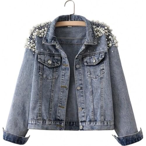 Fashion Heavy Work Beading Short Denim Jackets Womens Big size Loose Casual Outerwear Female Long sleeve Jeans Jacket Coats