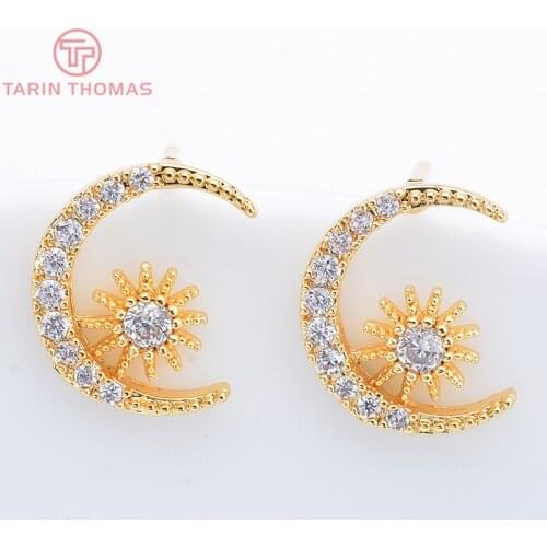 4PCS 9x11MM 24K Gold Color Brass with Zircon Moon with Sun Stud Earrings High Quality DIY Jewelry Making Findings Accessories