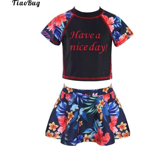 TiaoBug Summer 2Pcs Kid Girls Floral Letters Print Swimsuit Short Sleeves T-Shirt And Skirt With Built-In Briefs Swimwear Bikini