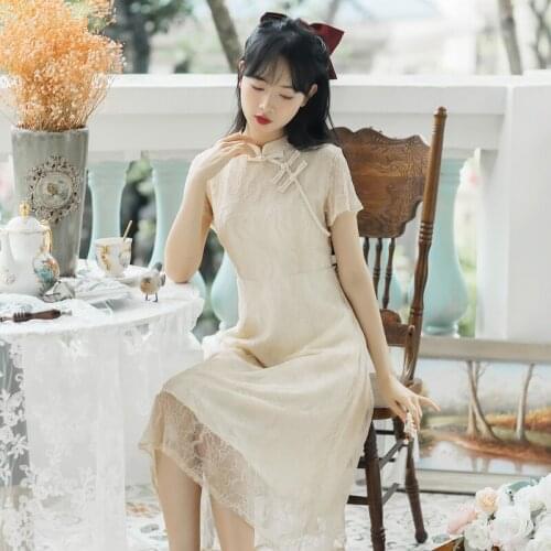 Literature Retro Cheongsam Women Summer 2021 Chinese Style Vintage Improved Short-Sleeved Elegant Lace Dress Modern Chic Girl